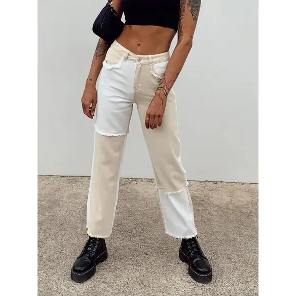 Princess Polly Patchwork Two-Tone Cropped Jeans Raw Hem Cotton Size 4 - Picture 8 of 8